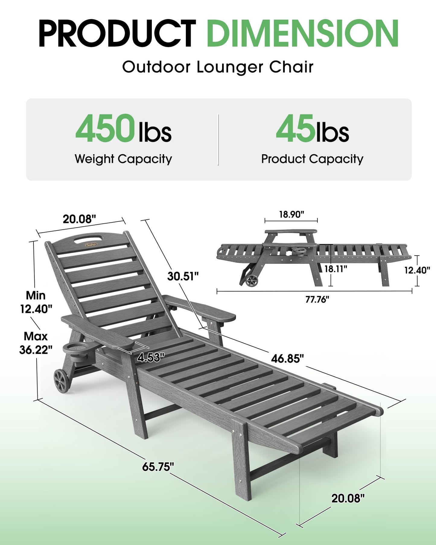 SUUNYN Chaise Lounge Outdoor, Lounge Chair Outdoor with Wood Texture, Adjustable 5-Position Backrest, HDPE Lounge Chair with Wheels & Cup Holder for Pool Deck Backyard, Dark Grey
