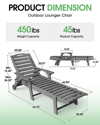 SUUNYN Chaise Lounge Outdoor, Lounge Chair Outdoor with Wood Texture, Adjustable 5-Position Backrest, HDPE Lounge Chair with Wheels & Cup Holder for Pool Deck Backyard, Dark Grey