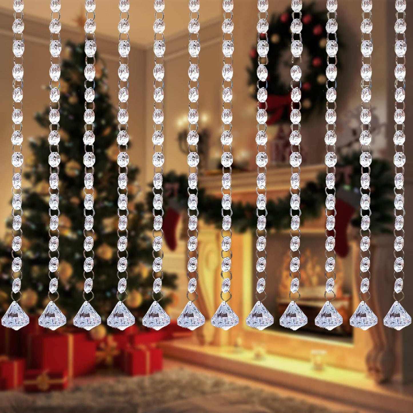 Jishi 33ft Crystal Garland Strands, Hanging Crystal Beads Strings Decorations for Centerpiece Doorway Clear Acrylic Diamond Chandelier Prisms, Gem Bead Chain Garland Curtain, Christmas Tree Ornaments