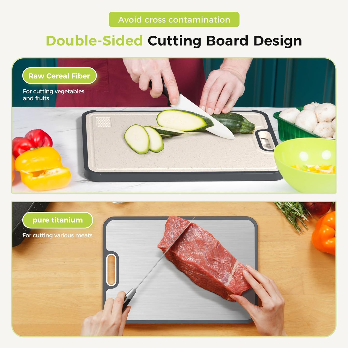 Titanium Cutting Board for Kitchen, Cutting Board Double Sided Food Grade, Pure Titanium and Wheat Straw PP, Dishwasher Safe Easy to Clean Large Size 16”×11”