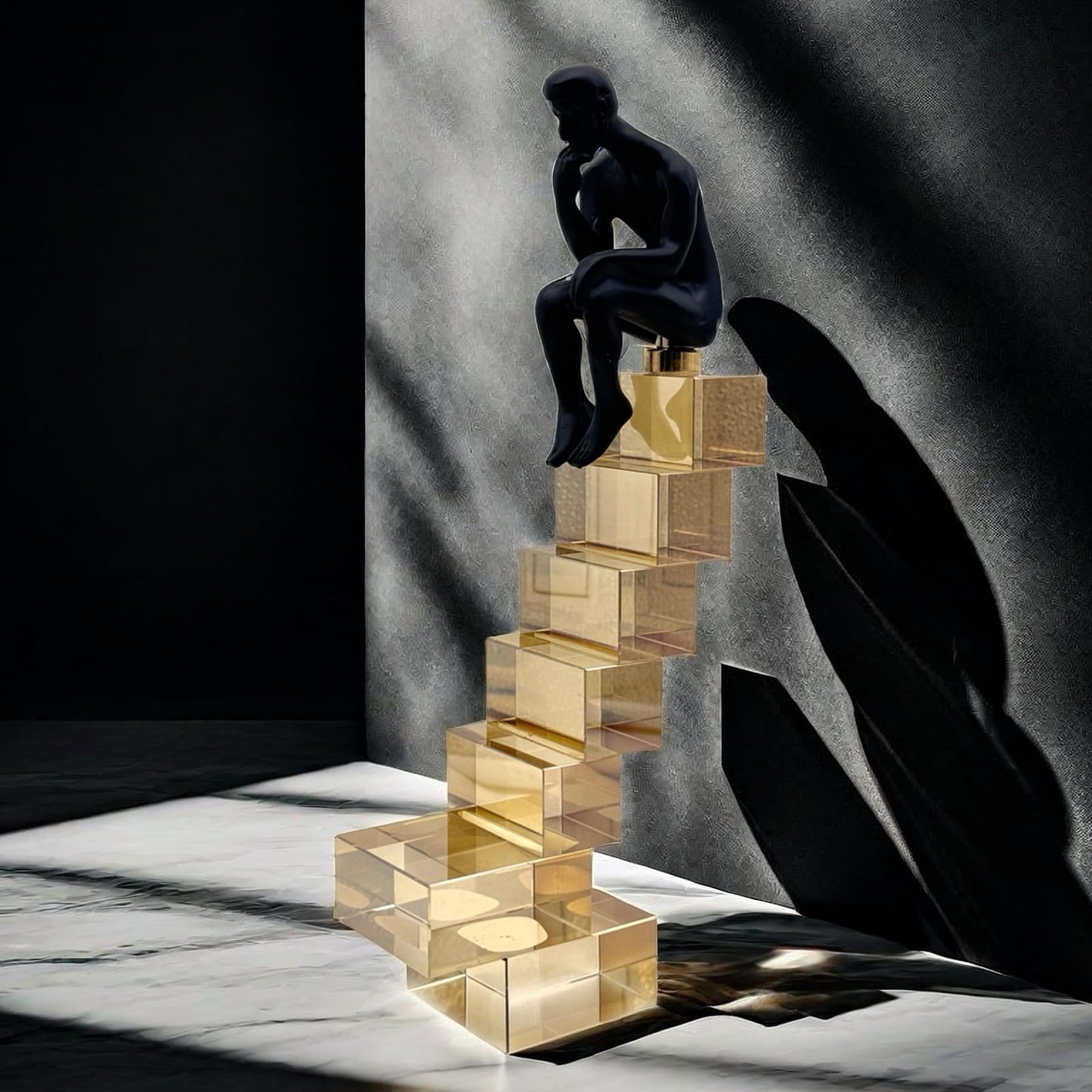 FUNSXBUG 12 Inch The Thinker Statue Thinking Man Statues Sitting on Crystal Glass Stairs Sculptures Collectible Figurine Home Decor Living Room Decoration