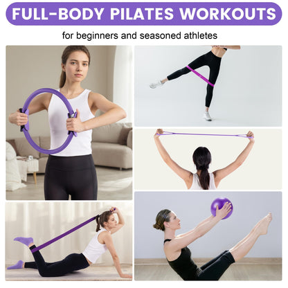 14" Pilates Ring Circle Fitness Set of 17 Equipment Accessories Workouts Includes Pilates Ball Magic Circle Yoga Ring Knee Pads and Resistance Bands for Women Set Gift for Women Weight Loss (Purple)