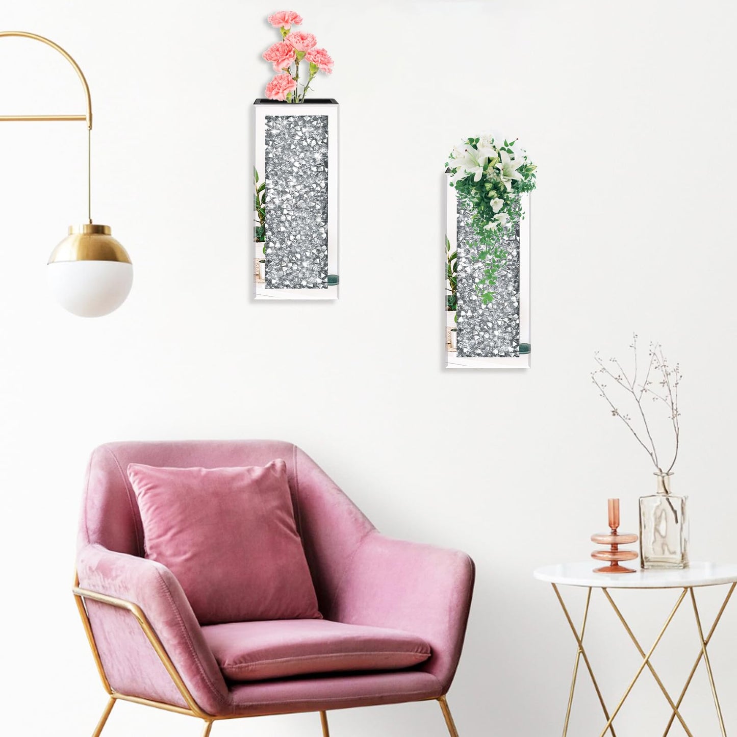 Azonsdop Silver wall Decor Mirrored Vase Set of 3,Crystal Crush Diamond Flower Vase,Stunning Decorative Glass Hanging Planter & Container for Home Wall Decor Befit for Faux Plants Can't Hold Water