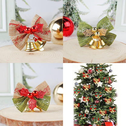 Yxtwaeh 48 Pcs Christmas Mini Bows with Bells 2 Inch Christmas Tree Ribbon Bows with Bell Hanging Decorations for Tree Wreaths Gift Wrapping, 6 Styles
