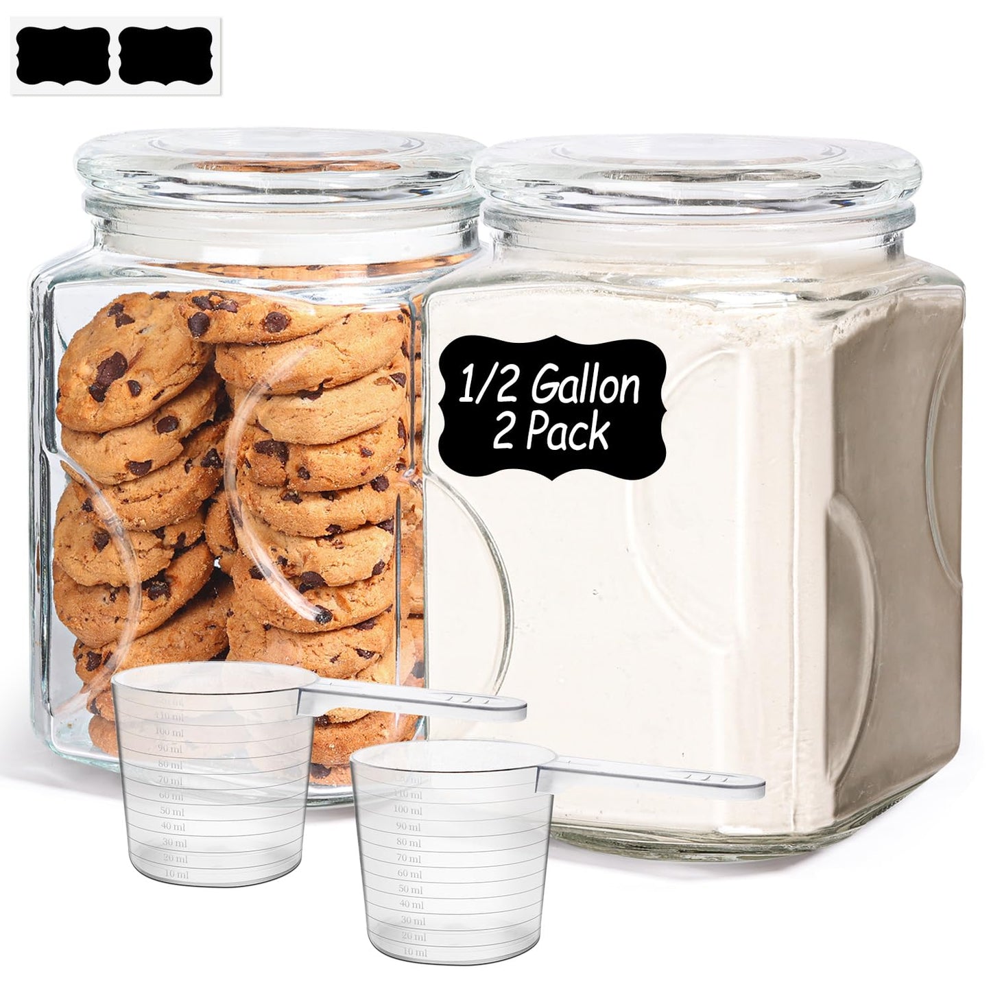 ComSaf 2 qt Glass Flour and Sugar Storage Containers Set of 2, Wide Mouth Half Gallon Square Airtight Pantry Jars with Lids, Thick Glass Kitchen Canisters for Cookies, Coffee, Snacks