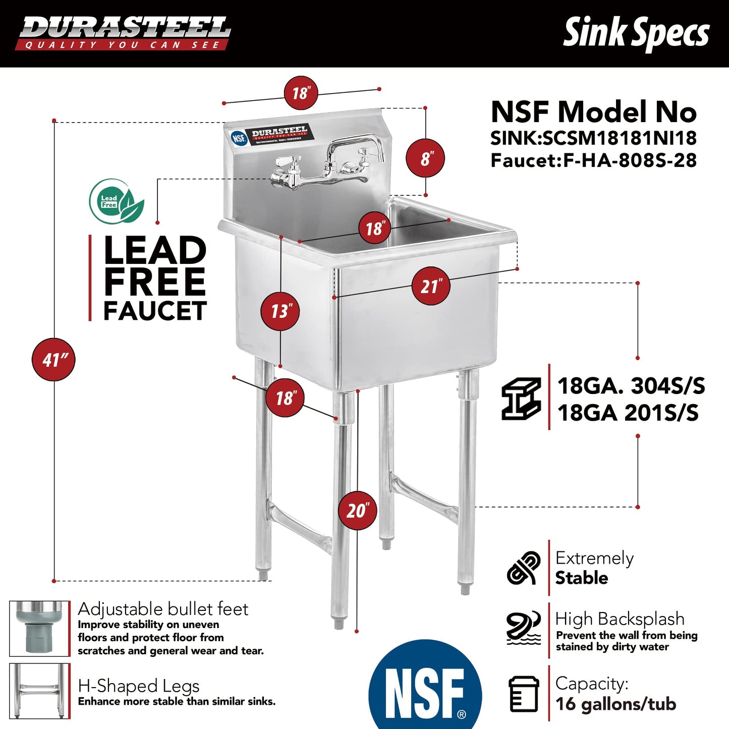 DuraSteel 304 Commercial Stainless Steel Utility Sink - 18 Inch Tub Freestanding Prep Kitchen Sink w/ Faucet - NSF Hand Wash Station for Kitchen Sinks, Outdoor, Laundry Room, Garage Small Kitchenette