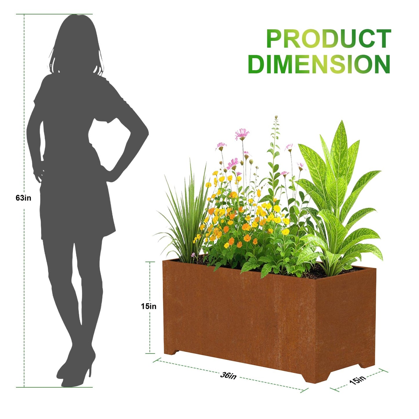 Gabviem Large Planters for Outdoor Plants 32"L x 15"W x 15"H, Co-rten Steel Planter Box with 6 Drainage Holes, Raised Bottom, All-Weather Garden Planter Box for Patio, Lawn, Commercial & Residential
