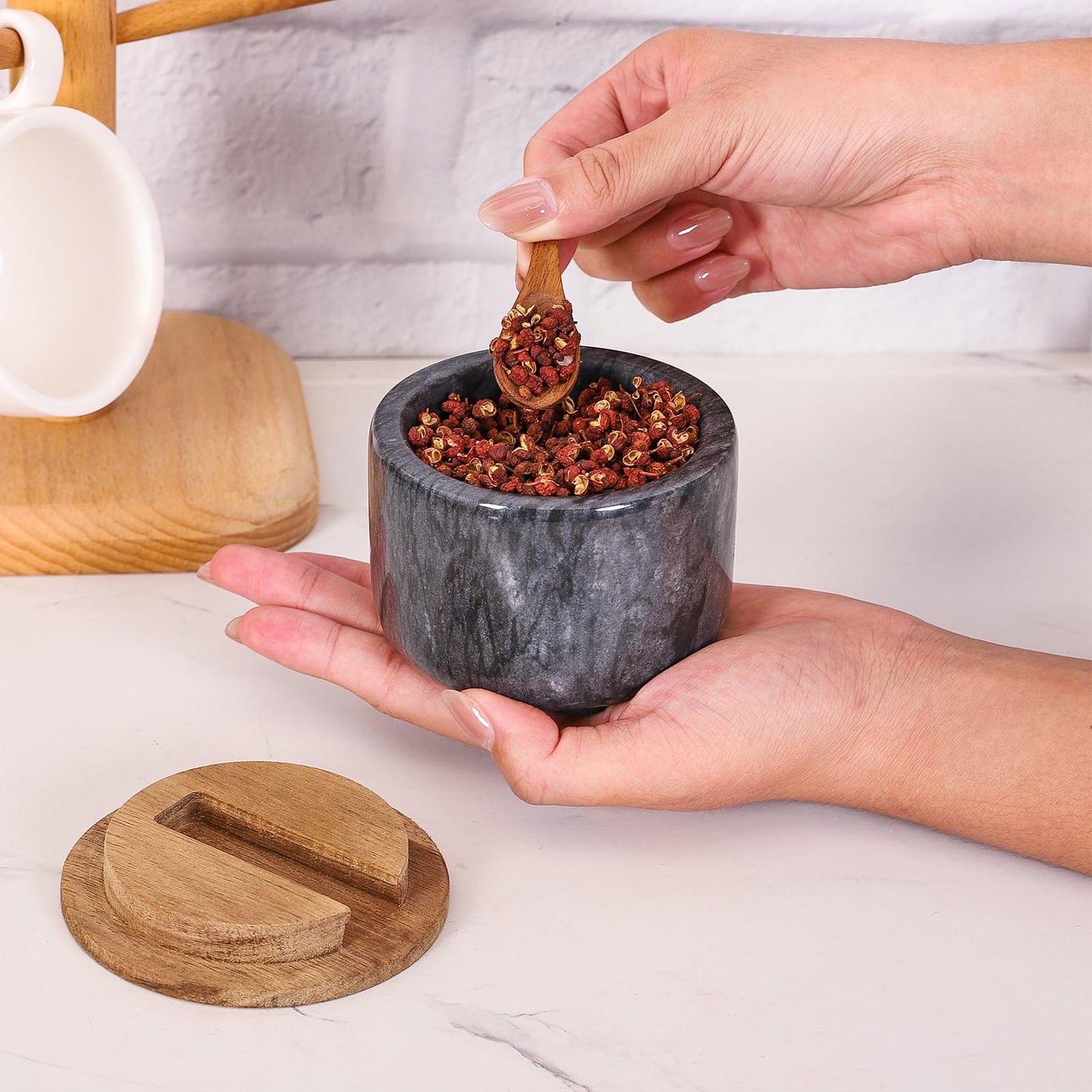 RAETTER.LY Salt and Pepper Bowl, Marble Salt Cellar and Spices Storage Container With Built-in Spoon and Acacia Wood Lid - 6.5oz Capacity (Black)