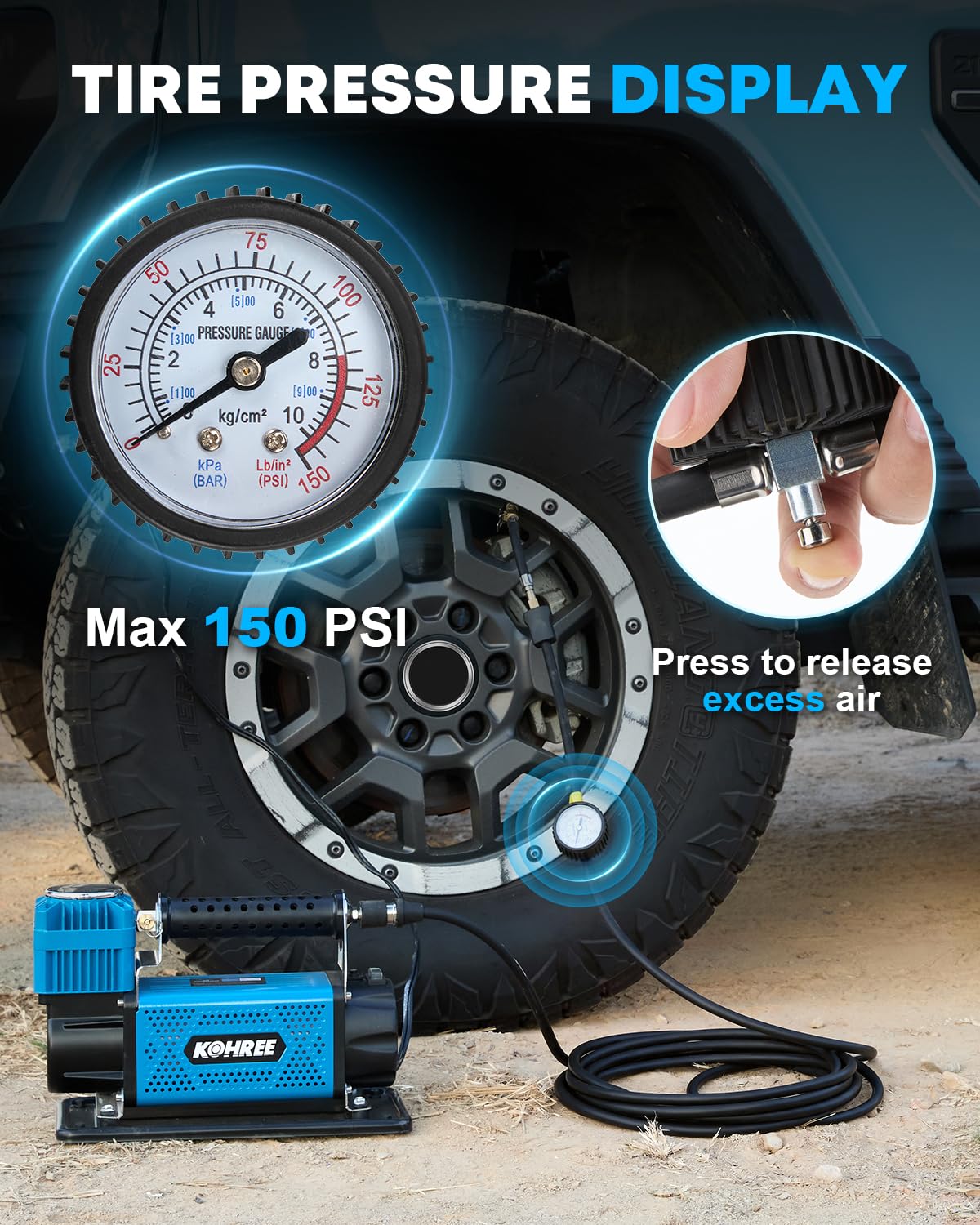 Kohree 12V Air Compressor, 7.06 CFM Fast Tire Inflator, Heavy Duty Tire Pump with Max 150 PSI for Offroad Truck, RV, 4x4 Vehicles