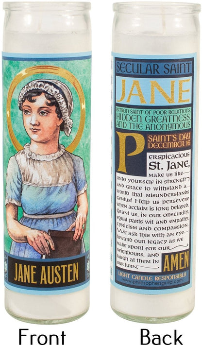 The Unemployed Philosophers Guild Jane Austen Secular Saint Candle - Unscented 8 Inch Tall Glass Prayer Votive, Made in The USA, Vegetarian Wax