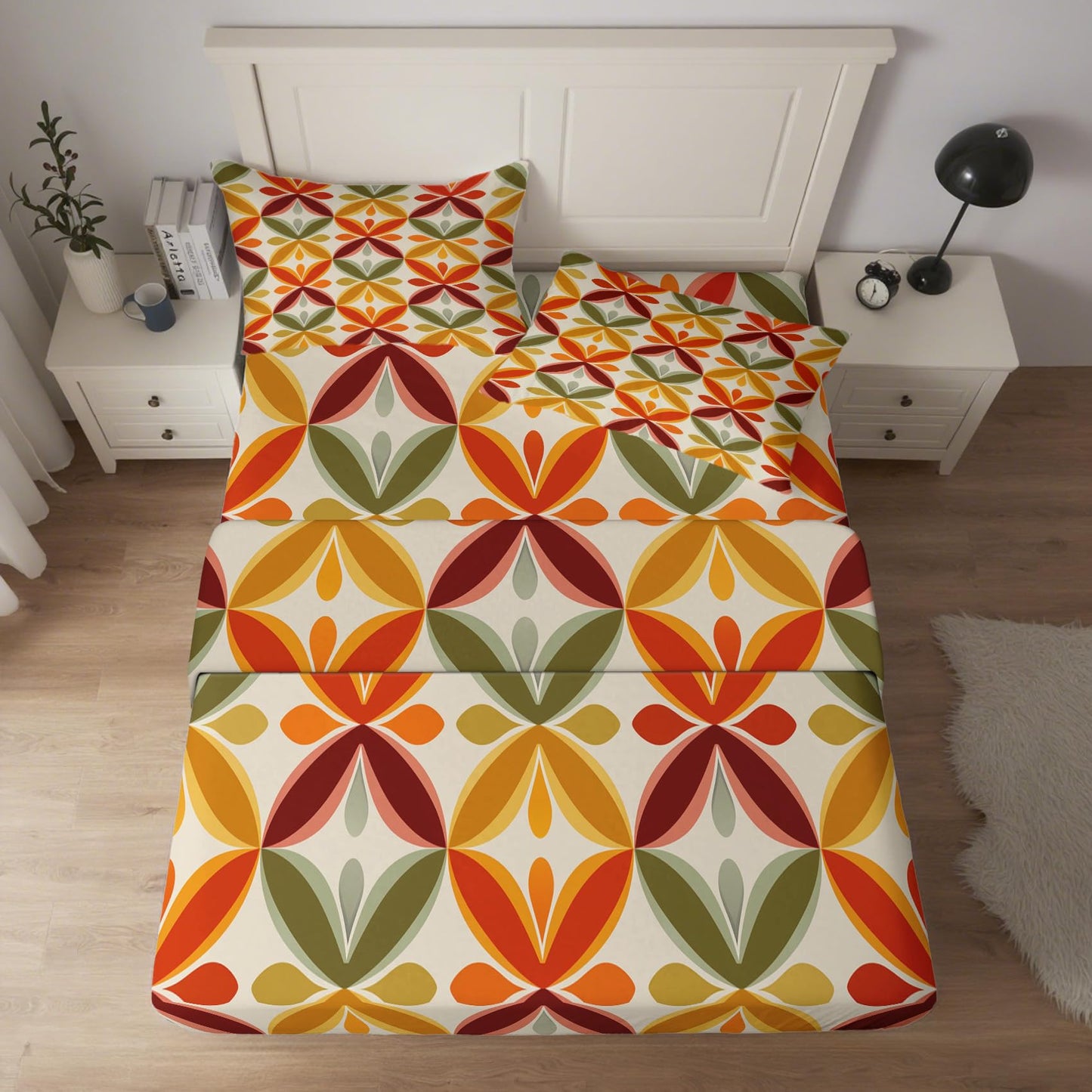 NOGAWA Retro Geometric Sheets Full Size, 70s Bed Sheets, Colorful Bedding Sheets, Pillowcases 4 Piece Set, Microfiber Deep Pocket Fitted Sheet, Flat Sheet, 2 Pillow Cases