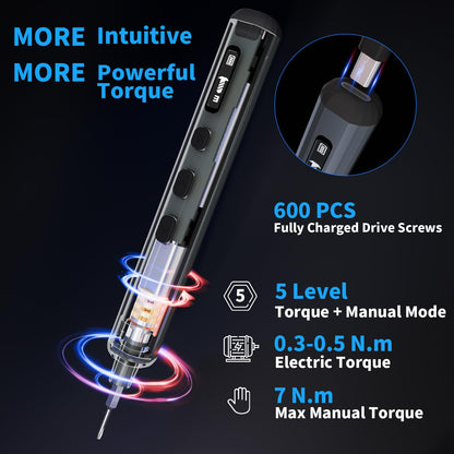 STREBITO Mini Electric Screwdriver Set, 70-in-1 Max Precision Electric Screwdriver Kit with Lights, 5 Upgraded Torque Levels, 64 Magnetic Bits, Electric Screwdriver Cordless for PC RC Electronics