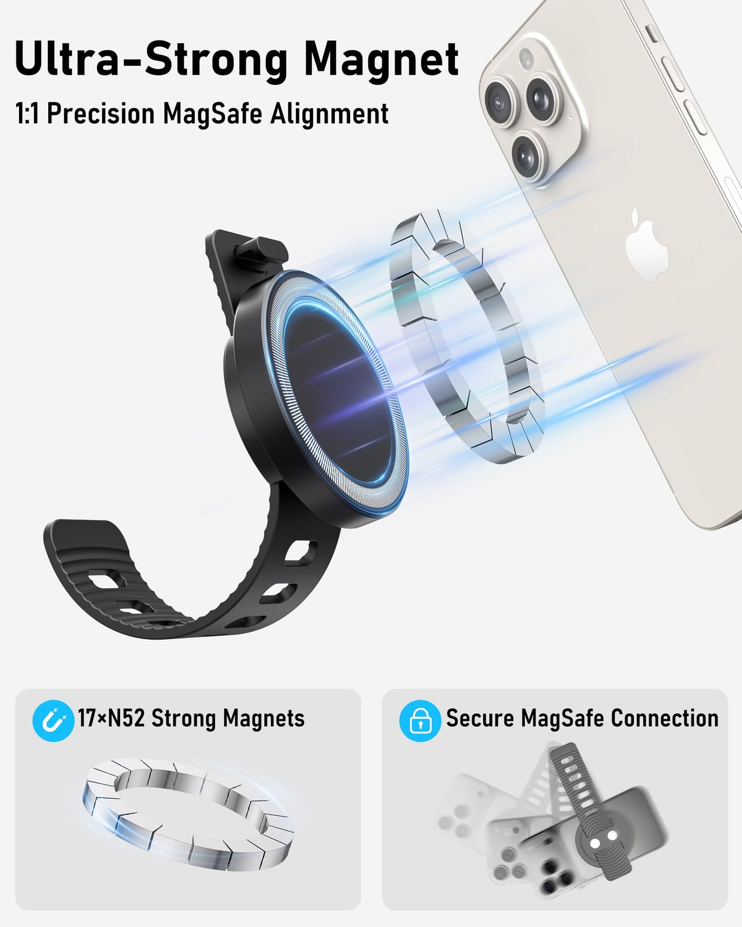 NINEFATICS Stroller Phone Holder, Compatible with MagSafe, Magnetic Handlebar Mount, 17x N52 Strong Magnets, Fits Treadmills, Peloton, Shopping & Golf Carts, Adjustable Strap, iPhone 12–17 & Android