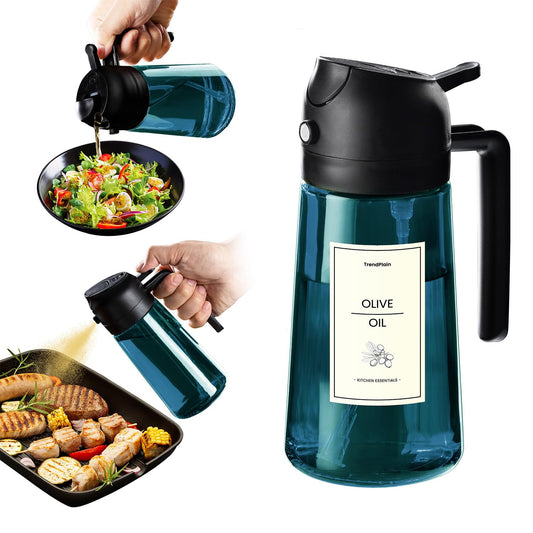 TrendPlain 16oz/470ml Blue Glass Olive Oil Sprayer for Cooking - 2 in 1 Olive Oil Dispenser for Kitchen Gadgets, Air Fryer, Salad, and BBQ - Black