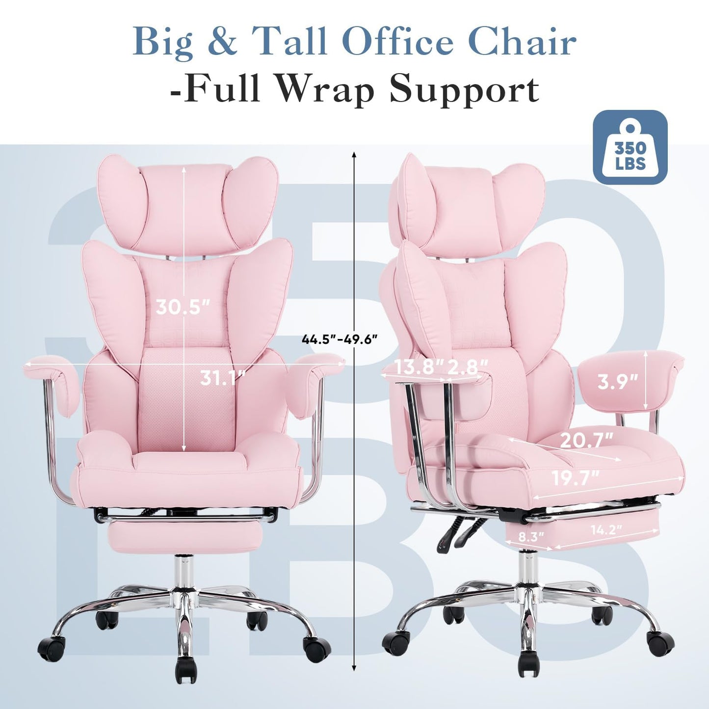 Big and Tall Office Chair 350 LBS, Scratch-Resistant PU Leather Executive Office Desk Chair with Footrest, Ergonomic Reclining Computer Chair with Pocket Spring Support for Home Office, Pink