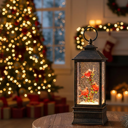Christmas Snow Globe Lantern Water Glittering 10'' Cardinal with Music & Timer, USB Lined/Battery Operated Lighted Lantern for Christmas Festival Decoration Gifts