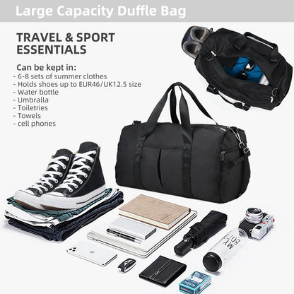 DAYGOS Gym Sports Duffle Bag for Men - Waterproof Travel Duffel Holdall Bag with Wet Pocket and Shoes Compartment, 40L Carry on Overnight Weekend for Women(Black)