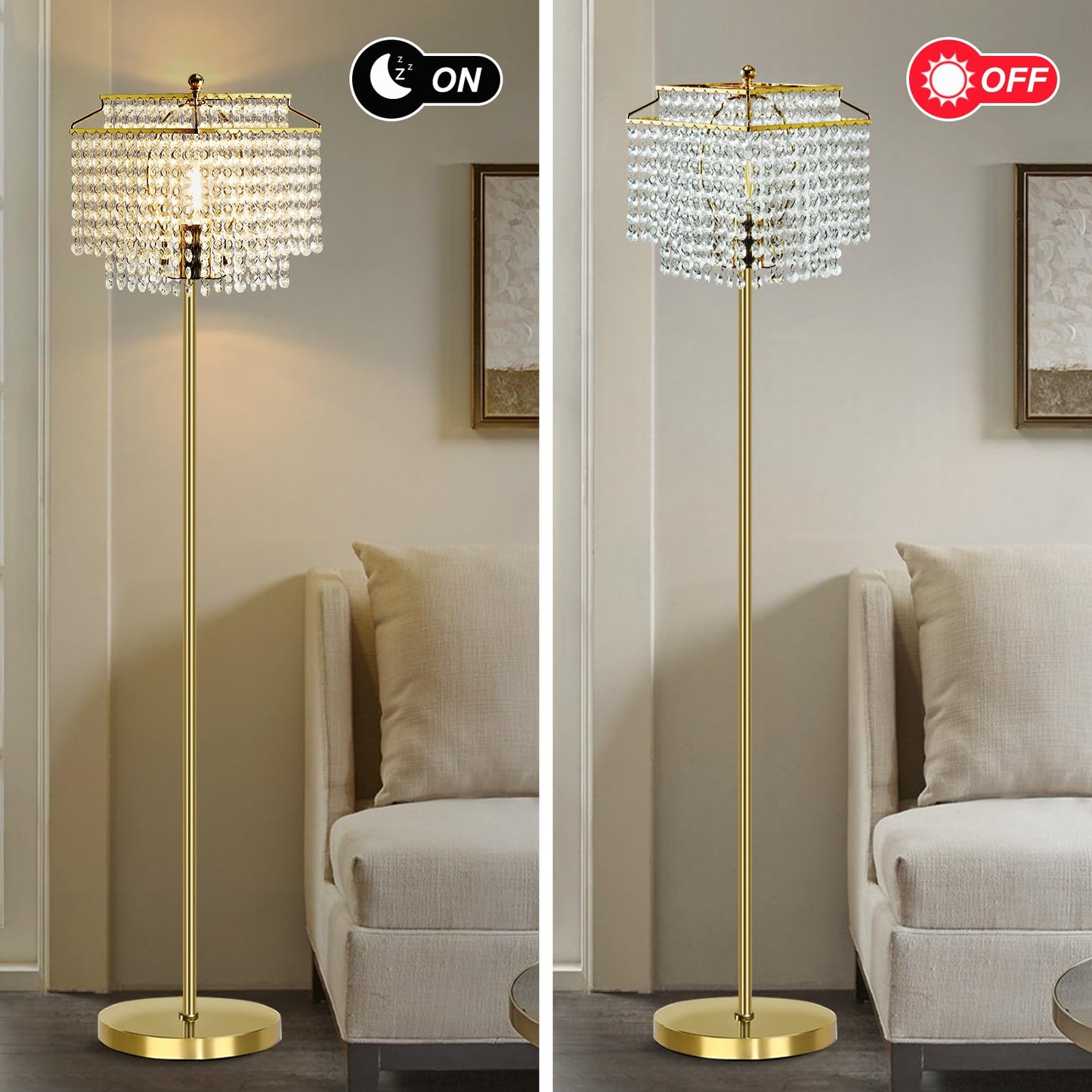 Luvkczc Gold Crystal Floor Lamp, 64" Tall Elegant Standing Lamp with On-Off Foot Switch, Double-Layer Lampshade, Standing Floor Lamps for Living Room, Bedroom, Office, 8W LED Bulb Included
