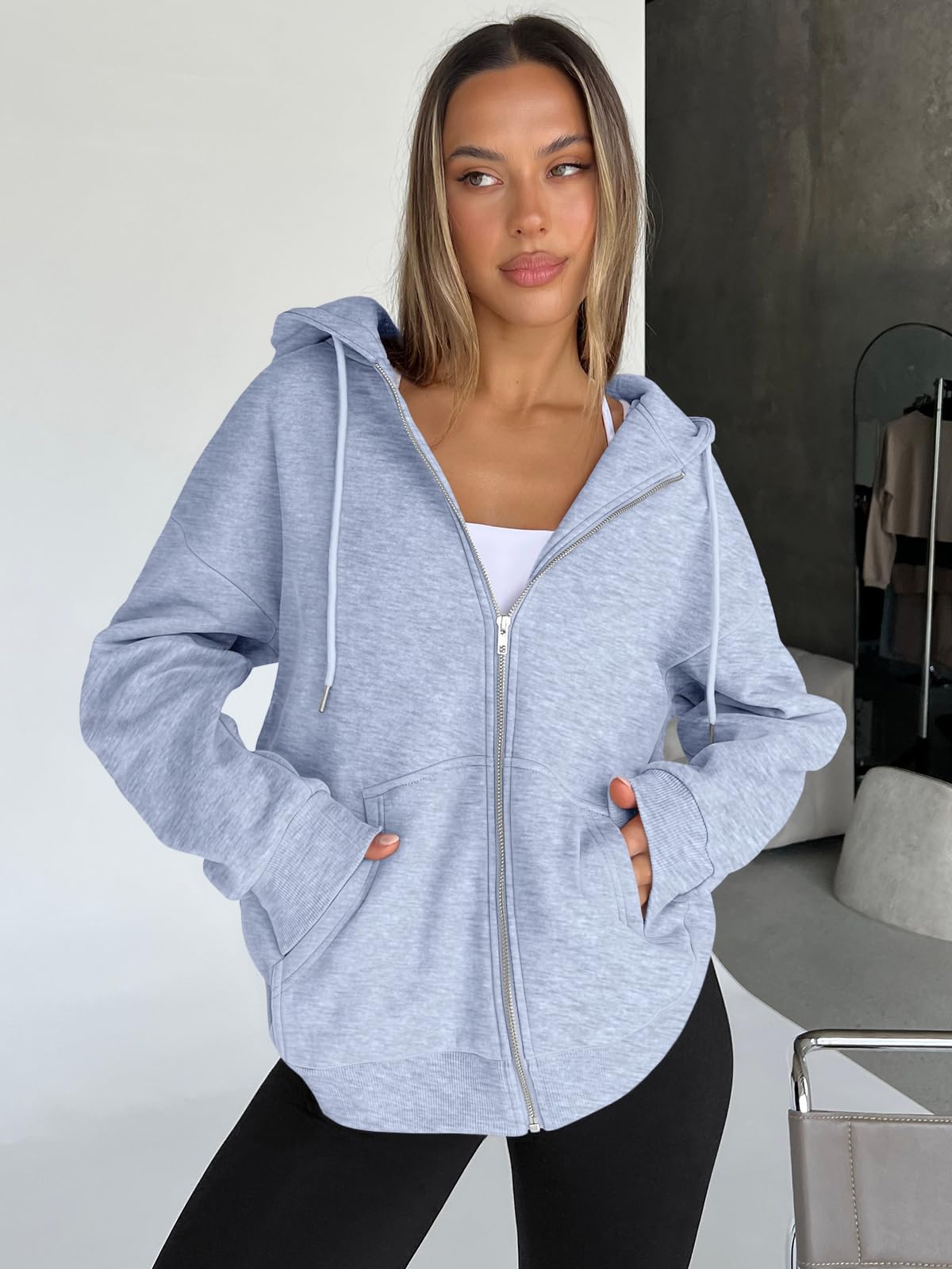 Trendy Queen Womens Zip Up Hoodies Oversized Sweatshirts Fall Fashion Outfits Casual Jackets 2025 Winter Clothes Grey M