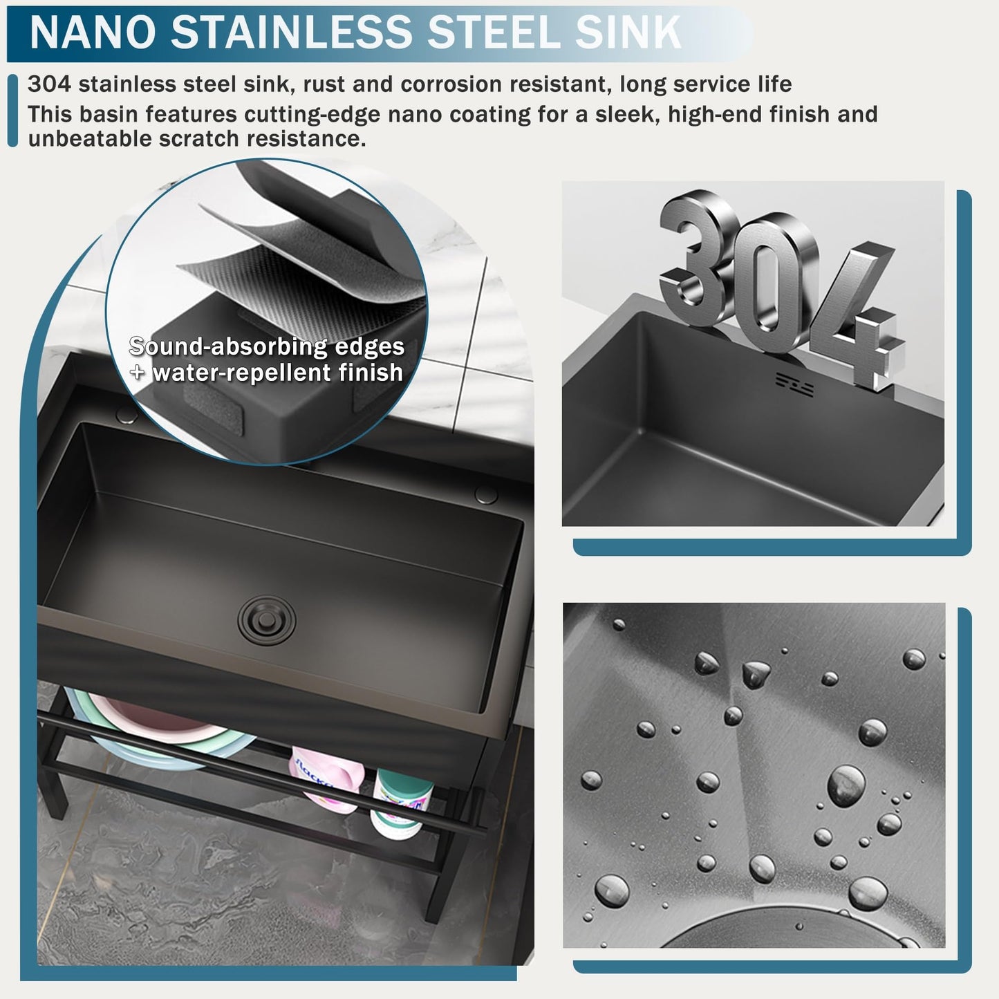 Fdzylyg Stainless Steel Utility Sink with 3-Sided Splash Guard,36" Freestanding Outdoor Sink with Pull-Down Sprayer & Storage,Commercial Single Bowl Laundry Sink for Garage,Backyard,Garden,Black