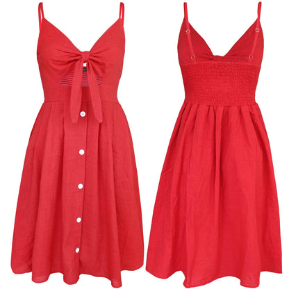 FANCYINN Womens Tie Front Dress Red Button Down Spaghetti Strap Midi Dress Christmas Red S