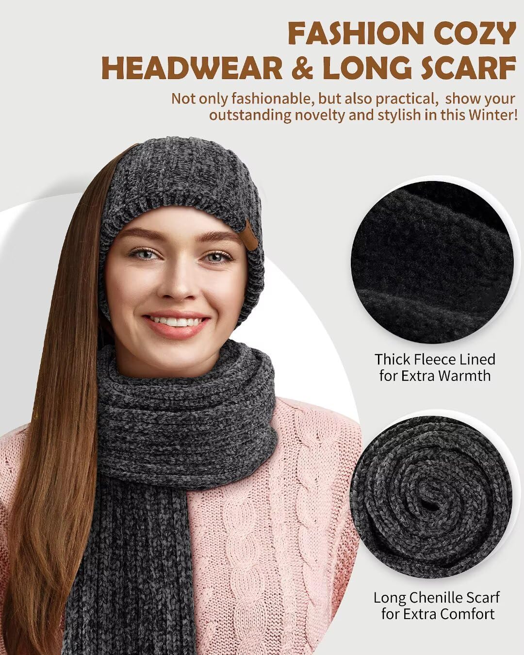 Women Beanie Scarf Gloves Headband Set for Winter, Chenille Beanie Hats Ear Warmer with Fleece Lined Knit Scarf Touchscreen Gloves, 4 in 1 Warm Xmas Gift Set Stocking Stuffers for Women-Beige