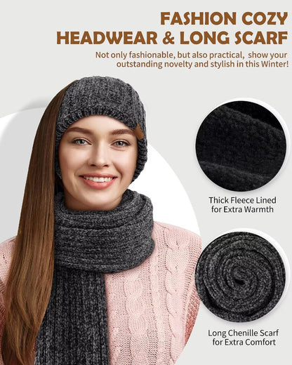 Women Beanie Scarf Gloves Headband Set for Winter, Chenille Beanie Hats Ear Warmer with Fleece Lined Knit Scarf Touchscreen Gloves, 4 in 1 Warm Xmas Gift Set Stocking Stuffers for Women-Beige