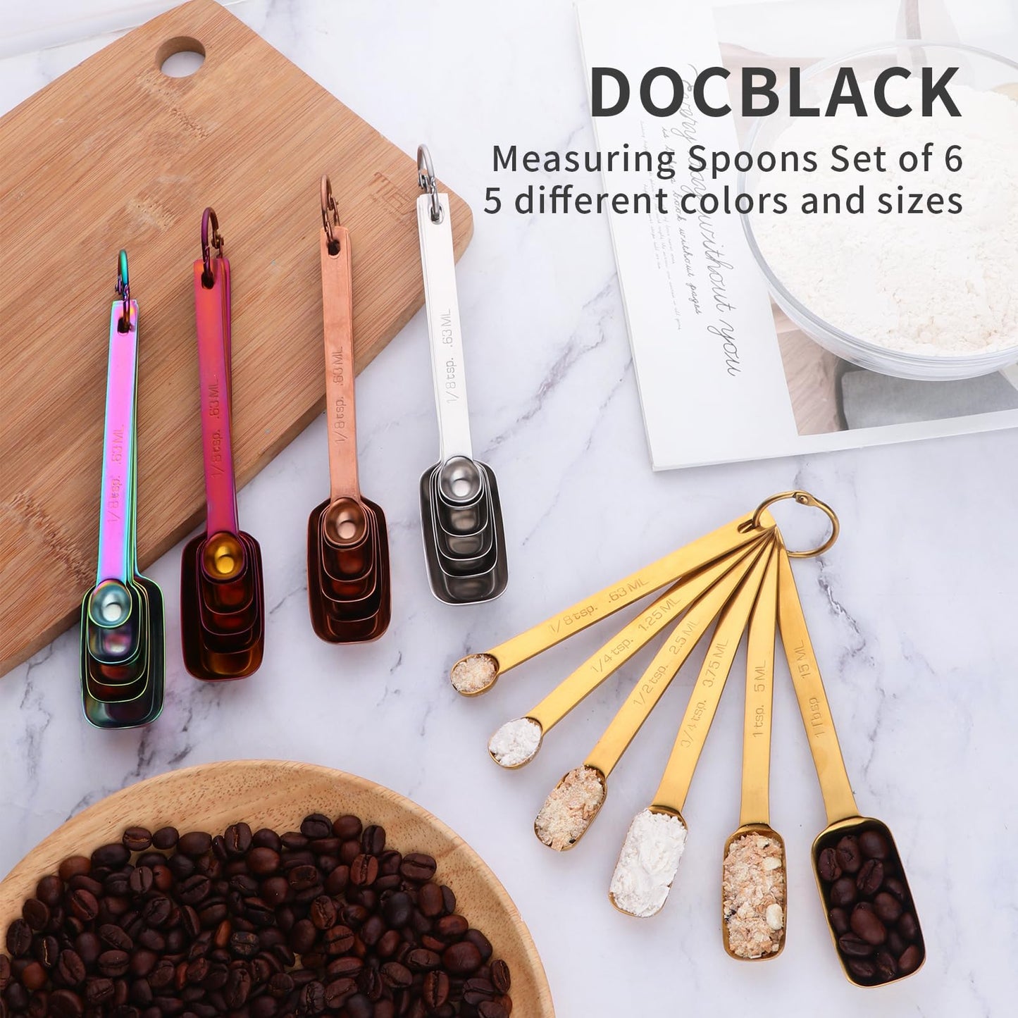 DOCBLACK 6PCS Measuring Spoons Set, Premium Heavy Duty Stainless Steel Metal Kitchen Measuring Tools Set, for Cooking Baking, for Dry or Liquid, Fits in Spice Jar - Rainbow