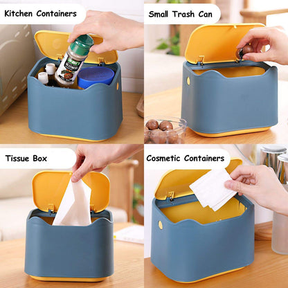 YAGGOOD Small desk bin mini waste bin with lid kids dustbin trash can for classic desk, desktop, bedroom, office table top bin in blue and yellow color
