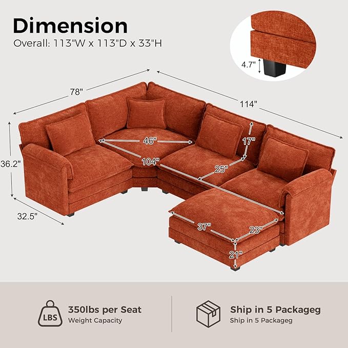 ELUCHANG 114" Oversized V-Shaped Cloud Couch Modular Sectional Sofa