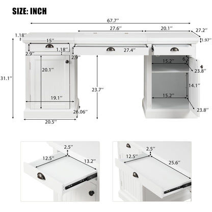GDFStudio 67" Modern Executive Desk with Storage, White Computer Desk with 2 Doors Cabinet and 3 Drawers, Home Office Writing Desk with USB Ports and Power Outlets, Large Workstation for Study,Office