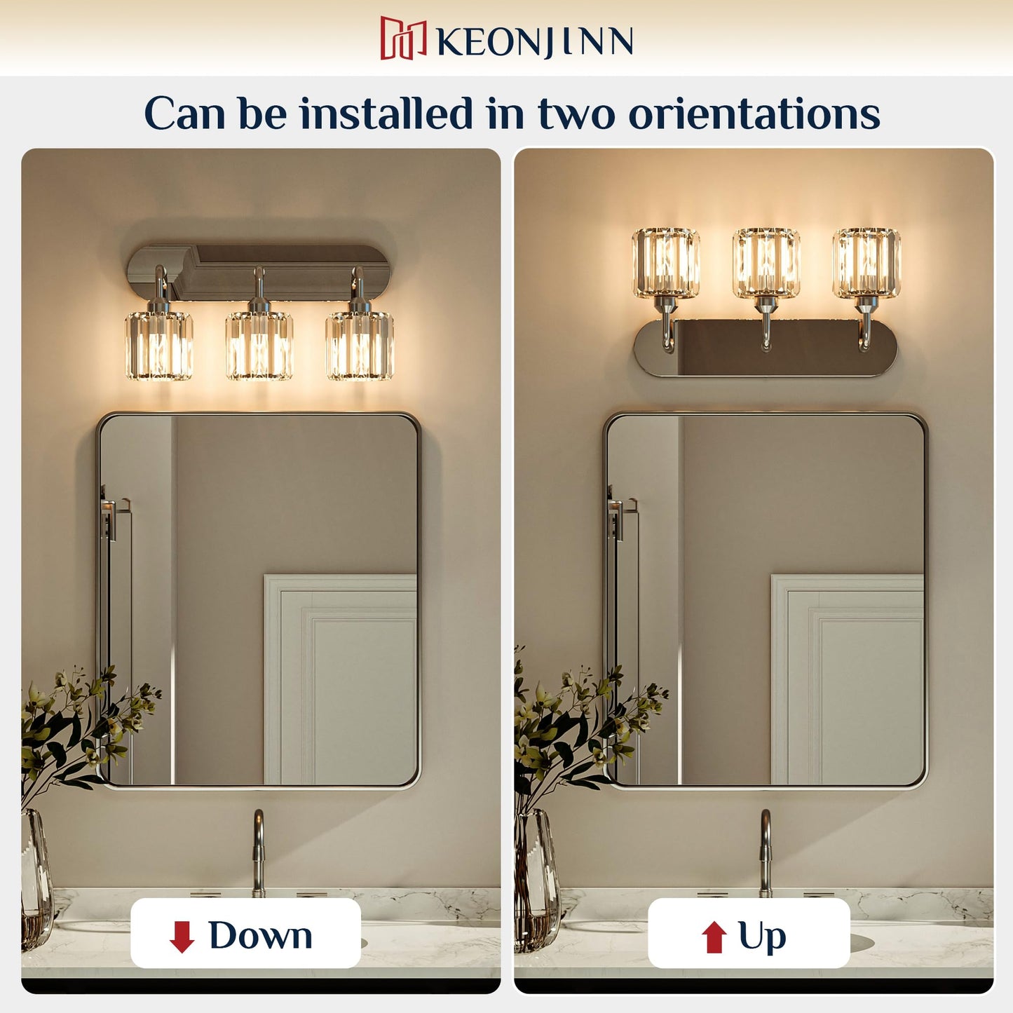 Keonjinn 5-Light Bathroom Light Fixtures, Crystal Chrome Bathroom Vanity Lights Over Mirror, Vanity Lighting Fixtures with Crystal Square Shades (E26 Socket, Exclude Bulb)