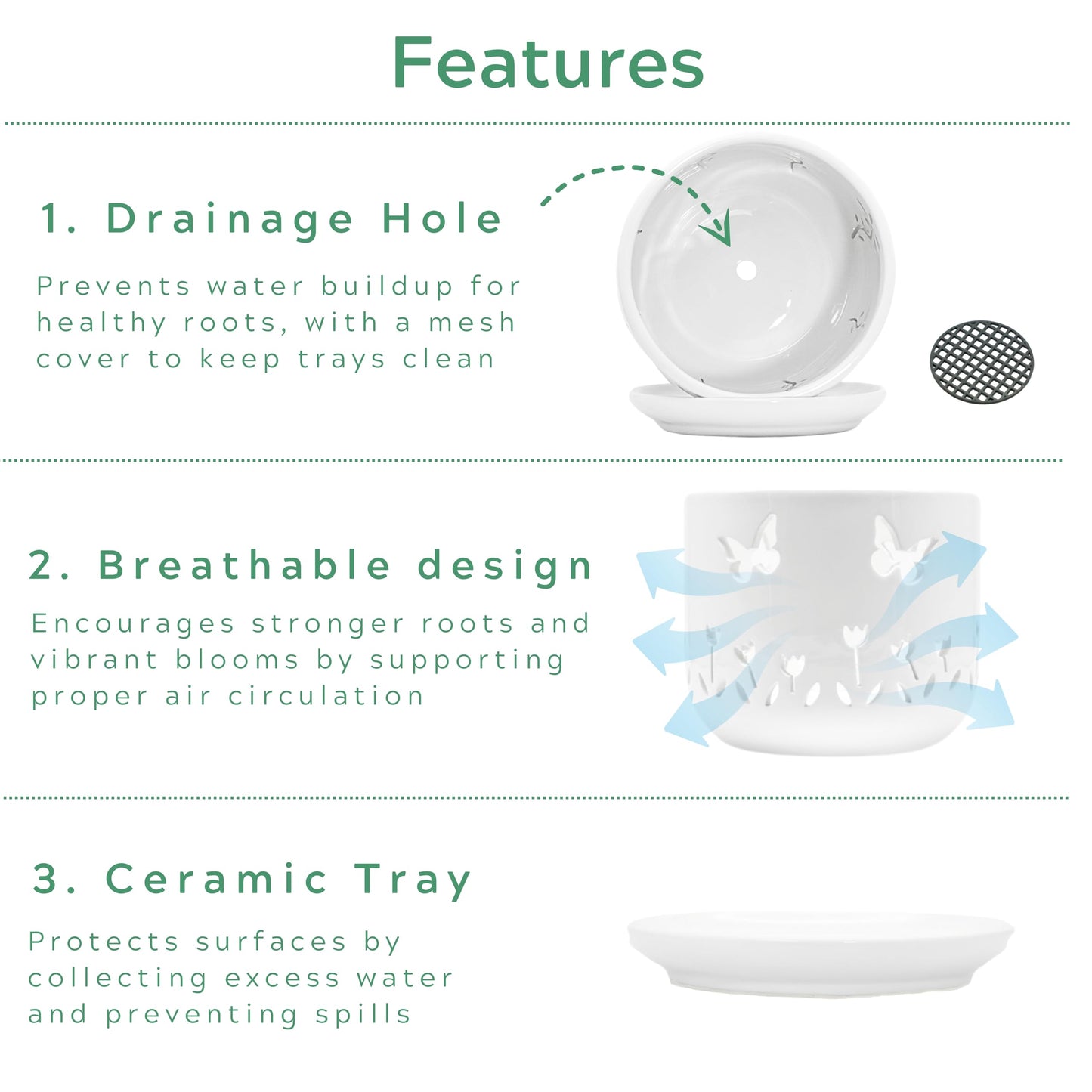 Thriving Thicket 2 Pack, 5 + 6 Inch White Orchid Pots with Butterflies and Tulips Holes and Saucer, Ceramic Orchid Planters for Repotting with Drainage Holes and Tray Indoor Outdoor, Butterfly Gift