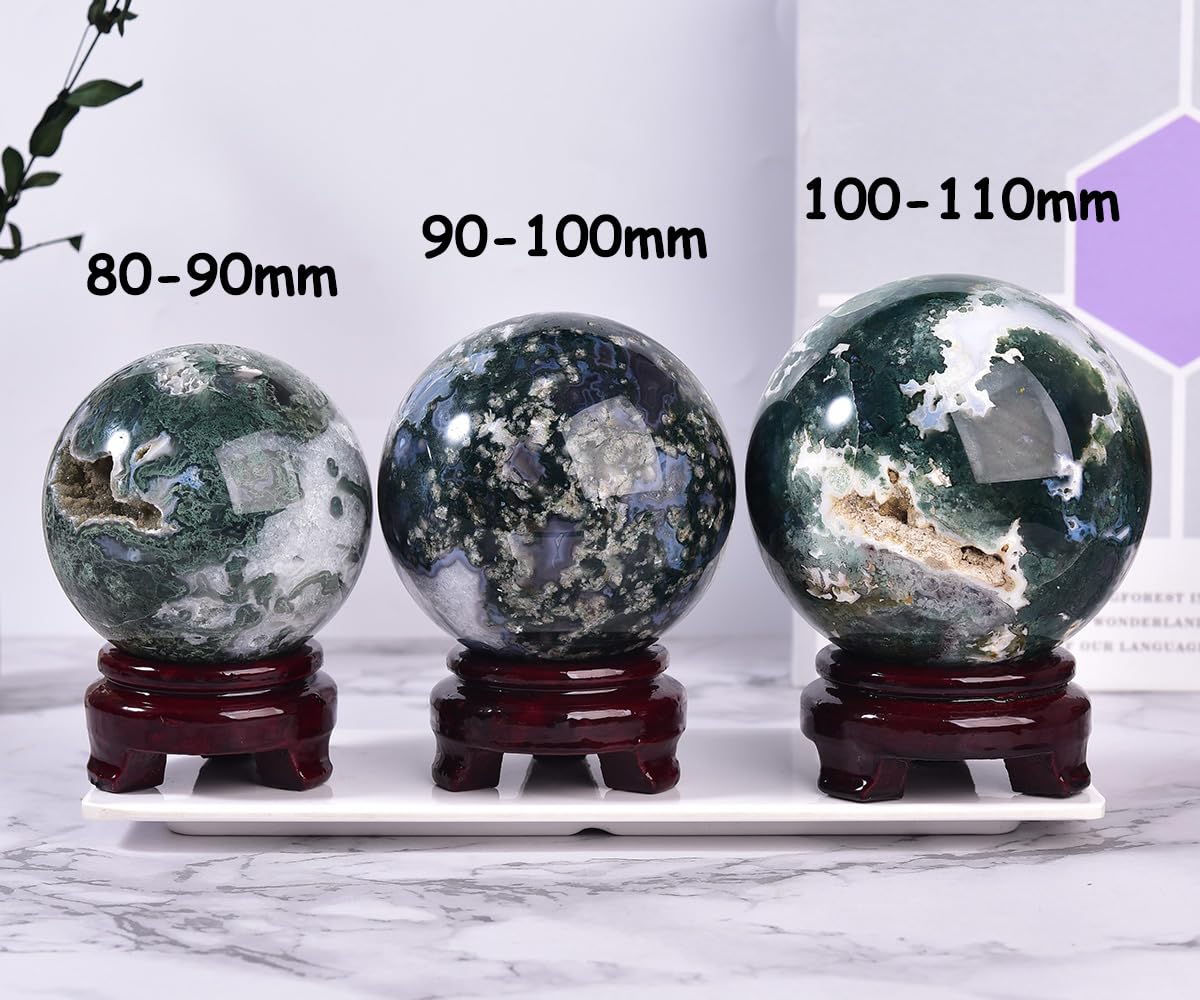MOGEMT Large Moss Agate Crystal Sphere Natural Healing Crystal Ball with Stand Meditation Decorative Balls Home Decor 100-110mm/3.9-4.3"