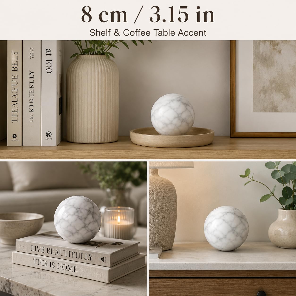 SIRIZEN-DIVING White Marble Decorative Sphere, 8cm Natural Stone Orb