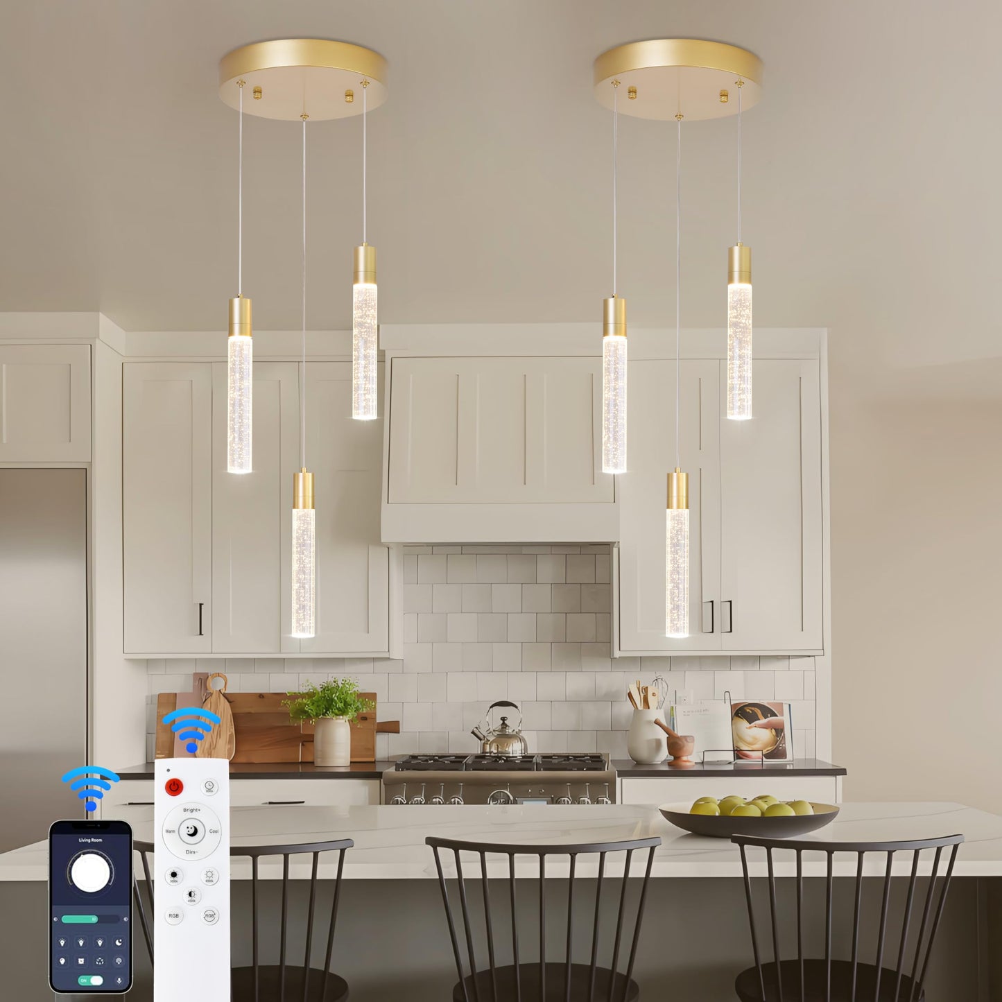 votag 3 Light Pendant Lights Kitchen Island,Modern LED Bubble Crystal Pendants with Dimmable 3000K-6000K Ceiling Hanging Light Fixture for Dining Room Bedroom,Gold Finish,Adjustable Height 59"