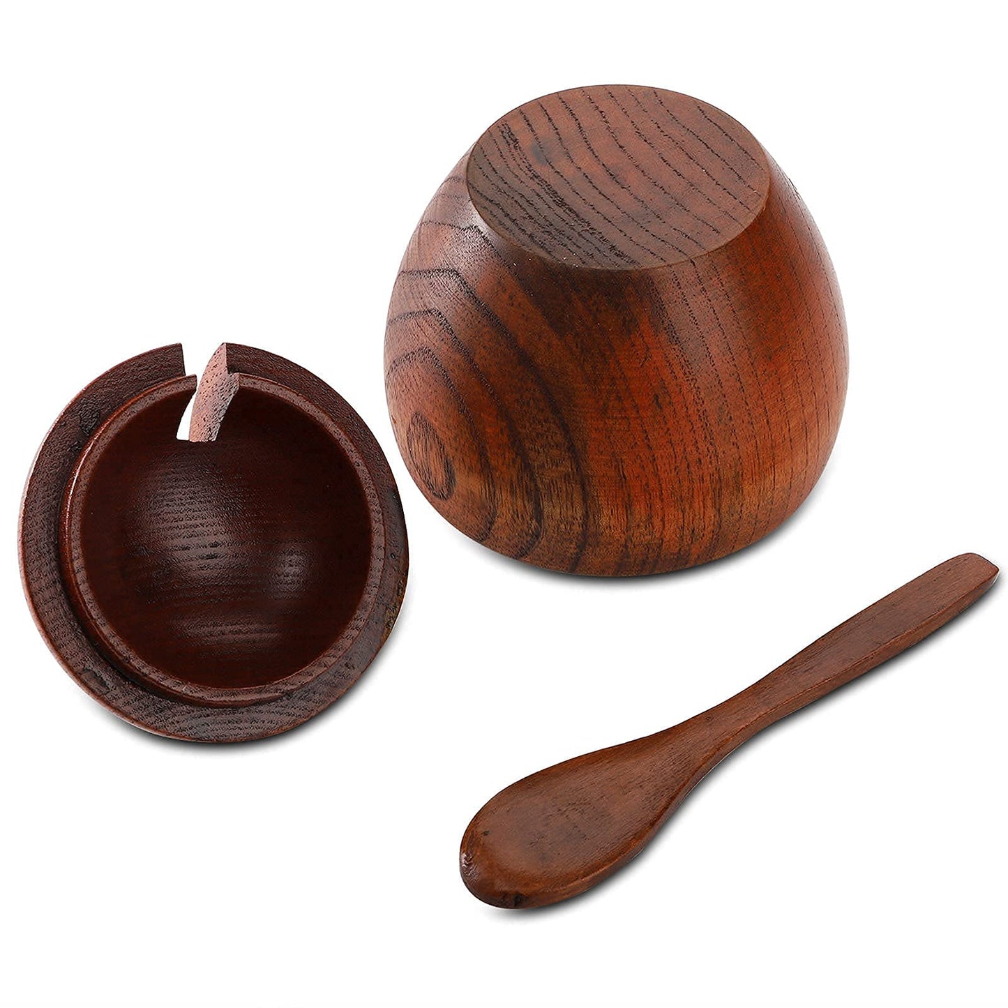 DEAYOU 3 Pack Wood Salt Box Spice Jar, Natural Wooden Salt Cellar with Lid and Spoon, Sugar Bowl Pepper Seasoning Container Holder Keeper for Kitchen, Serving, Condiment, Japanese Style