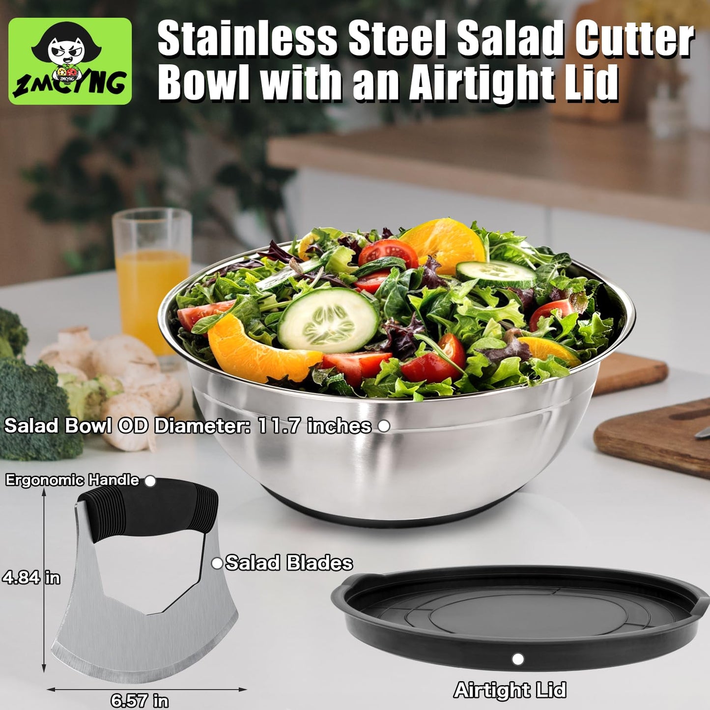 ZMCYNG Salad Chopper Bowl - Stainless Steel Salad Chopping Bowl, Sala d Chopper Bowl and Cutter with Lid, Chef Grade Salad- Chopper Blade and Bowl, Mezzaluna Mincing Knife, Super-fast Sala d Prep