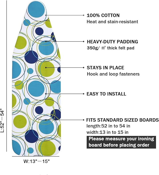 Ironing Board Cover and Pad Standard Size 15" x 54", 3 Pairs of Hook and Loop