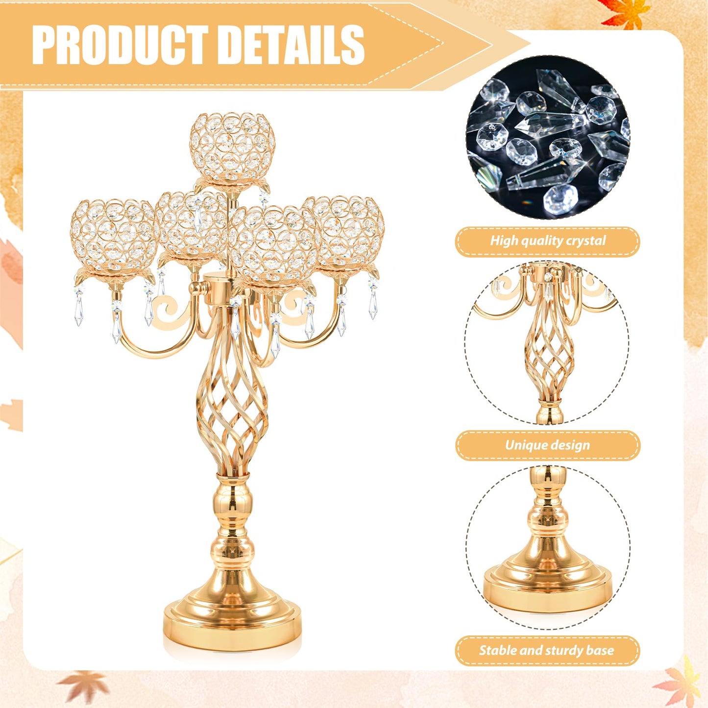 Kehail 5-Arm Crystal Candelabra Centerpiece 23.2" Tall - Elegant Candle Holder Stand with Crystal Bowl, Chic Table Decor for Weddings, Parties, Anniversary & Home Decoration (2, Gold)