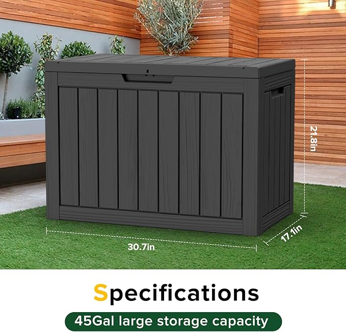 TARKARI 45 Gallon Lockable Resin Deck Box, Waterproof & UV-Resistant Outdoor Storage Box for Outdoor Cushion Storage, Garden Tools & Pool Accessories Storage, Black