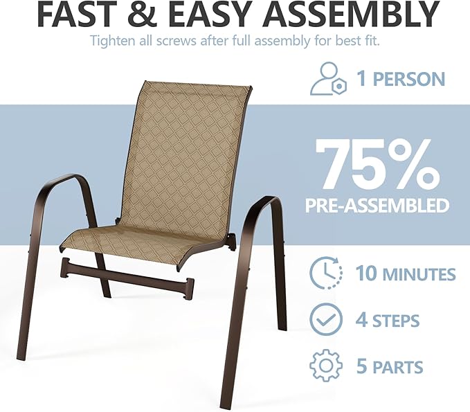 SWITTE Patio Chairs Set of 4 with Armrests, Outdoor Stackable Dining Chairs with Breathable Backrest and Metal Frame for Lawn, Garden, Deck, Poolside, Beige