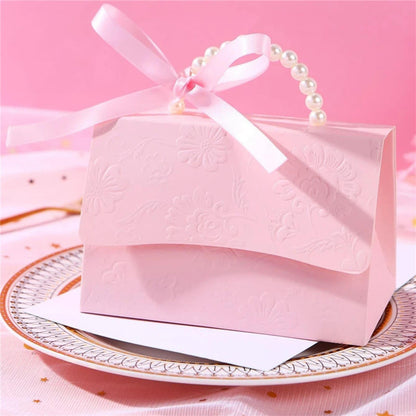 motoeye 10Pcs Pink Pearl Paper Gift Boxes for Wedding Favors, Elegant Bridesmaid and Party Favor Boxes with Ribbon, Ideal for Bridal Shower, Baby Shower, and Special Occasions (Pink, L)