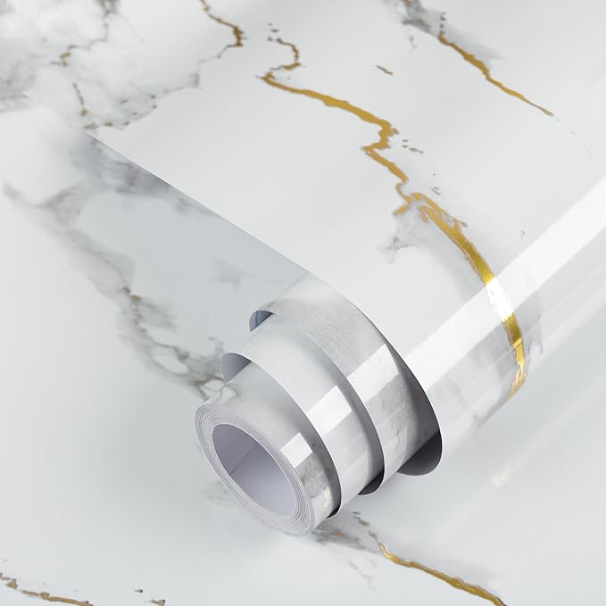 practicalWs Glossy Marble Wallpaper Peel and Stick White/Gold Granite Contact