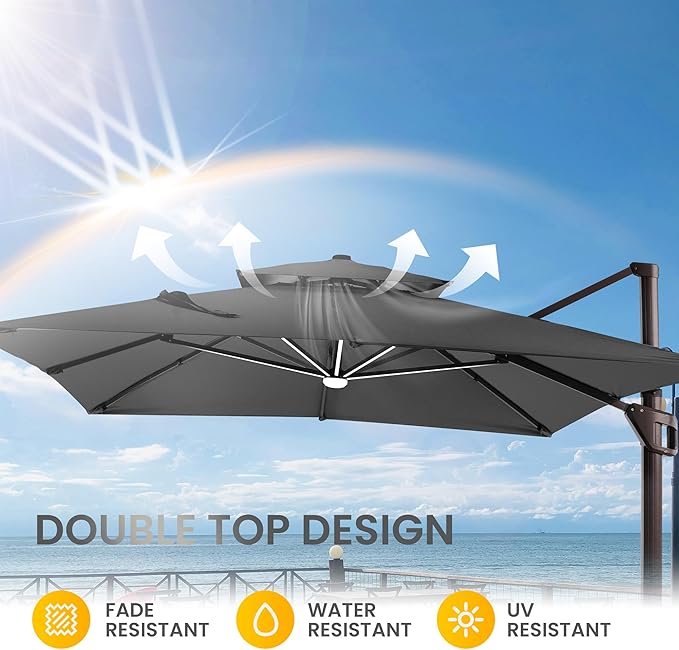 10 X 13 FT Cantilever Patio Umbrella with Led Lights and Base Included Outdoor Heavy Duty Double Top Rectangle Offset Umbrellas with 360-degree Rotation for Pool Deck Backyard, Grey