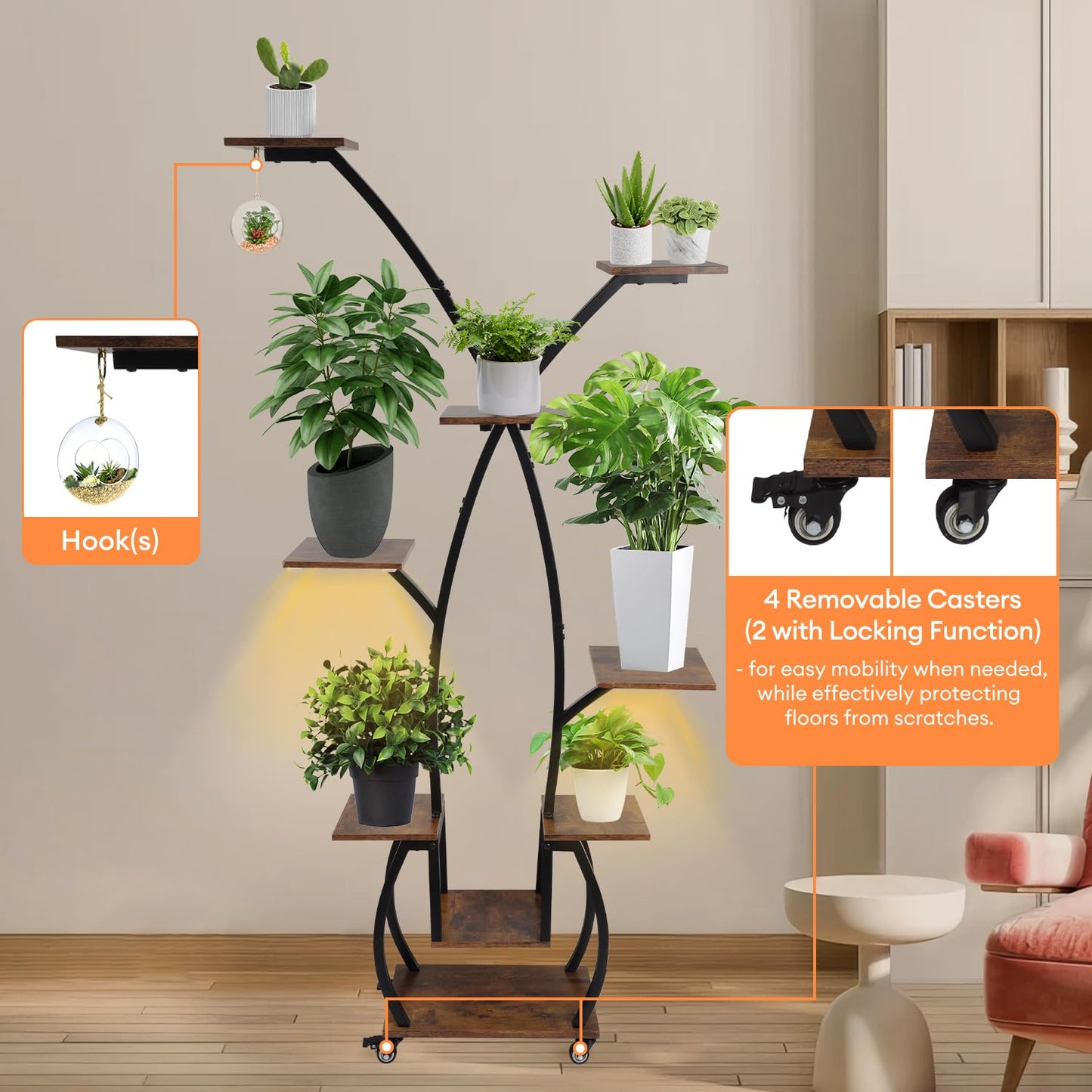 Plant Stand Indoor with Grow Lights - 82" Tall Plant Shelf, Lighted Corner Plant Stands for Indoor Growing, 8 Tiered Large Flower Holder, S-Shaped Decorative Rack for Living Room, Patent Design