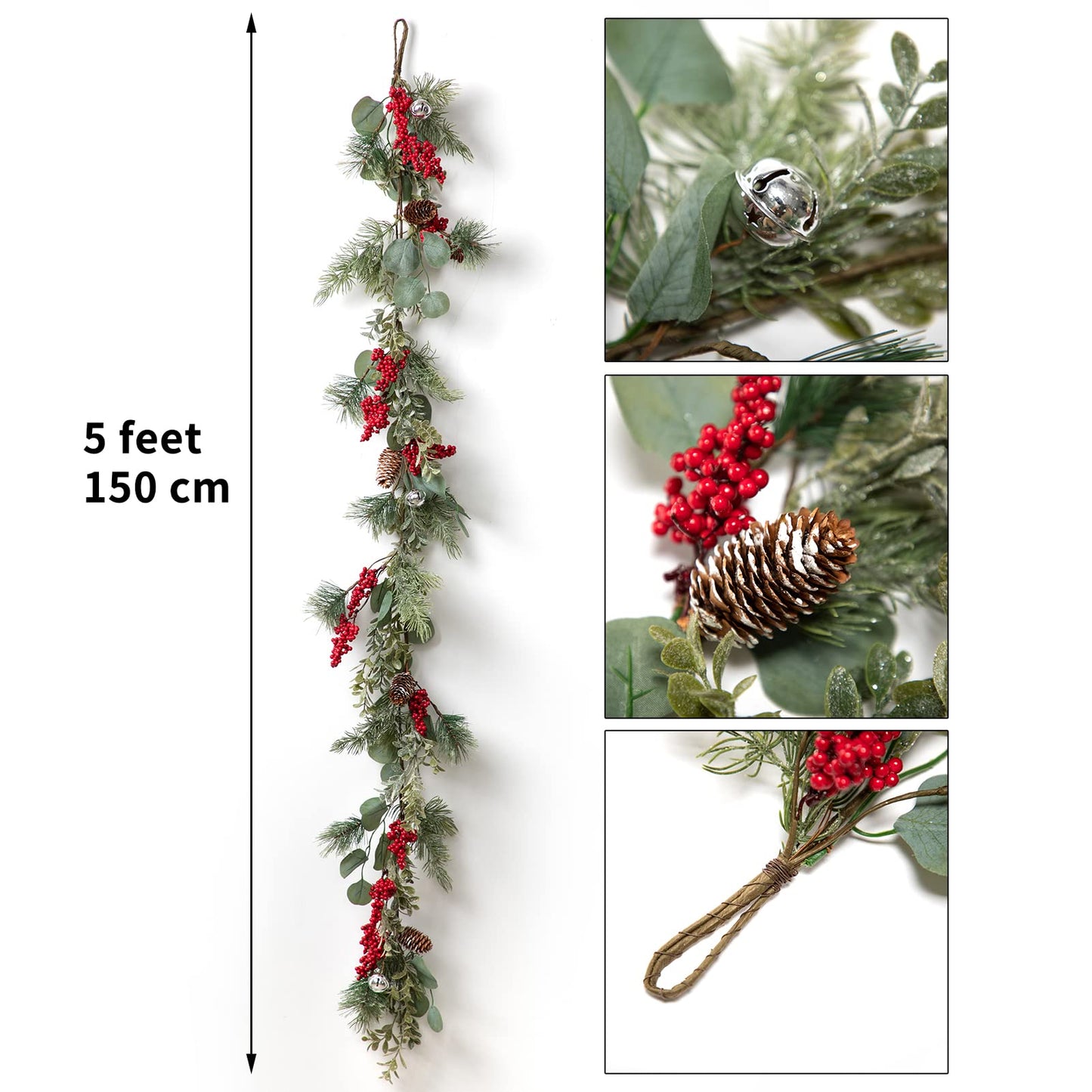 LOHASBEE Artificial Christmas Garland, 5 Feet Pine Cone Eucalyptus Garland with Red Berries, Bells & Greenery Glitter for Christmas Indoor Outdoor Garden Gate Front Door Home Wall Window Stair Decor