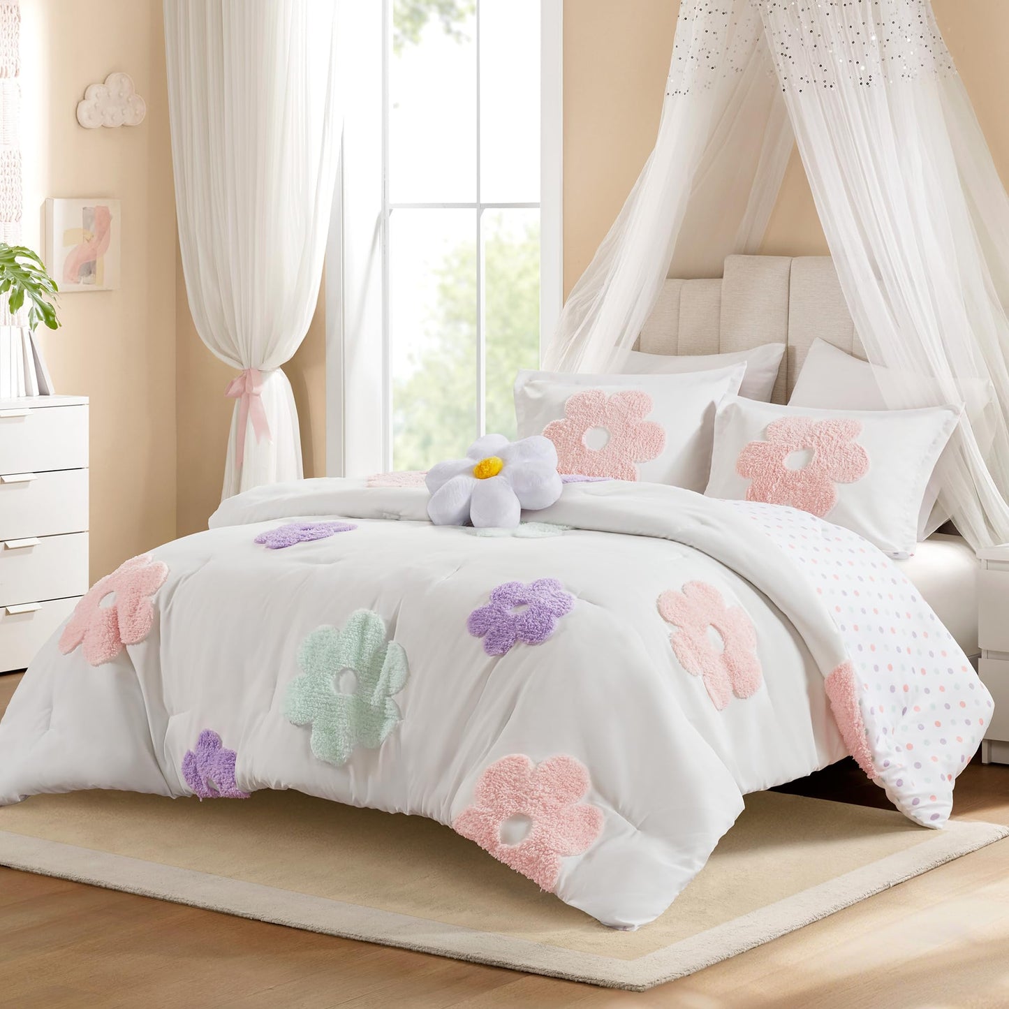 Intelligent Design Kids Full Comforter Set for Girls, Tufted Chenille Floral Comforter Set Queen, Lightweight Polka Dot Reversible Bed Set, Shams, Pillow, Gracie, Full/Queen White/Purple 4 Piece