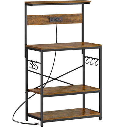 SUPERJARE Kitchen Bakers Rack with Power Outlet, Coffee Bar Table 4 Tiers, Kitchen Microwave Stand with 6 S-shaped Hooks, Storage Shelf Rack for Spices, Pots and Pans - Rustic Brown