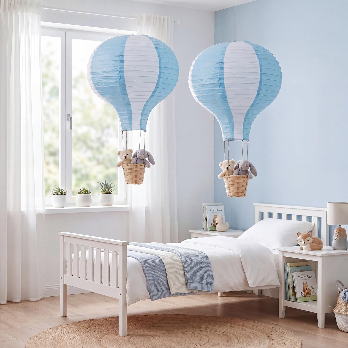Meooeck 2 Pcs Hanging Hot Air Balloon Nursery Decor 15.7 Inch Paper Hot Air Balloon Centerpieces Reusable Paper Lanterns Set for DIY Craft Wedding Birthday Christmas Living Room Home, Blue White